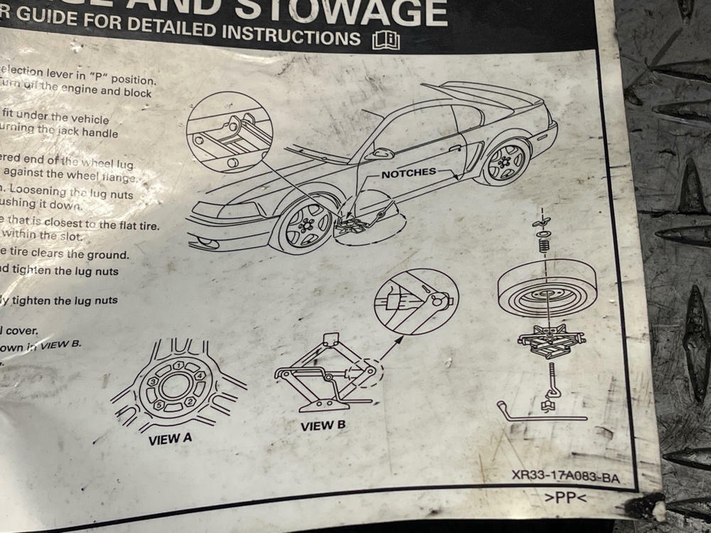 2003-04 Ford Mustang SVT Cobra Jack Usage/Stowage Info Card- Harder to Find 295