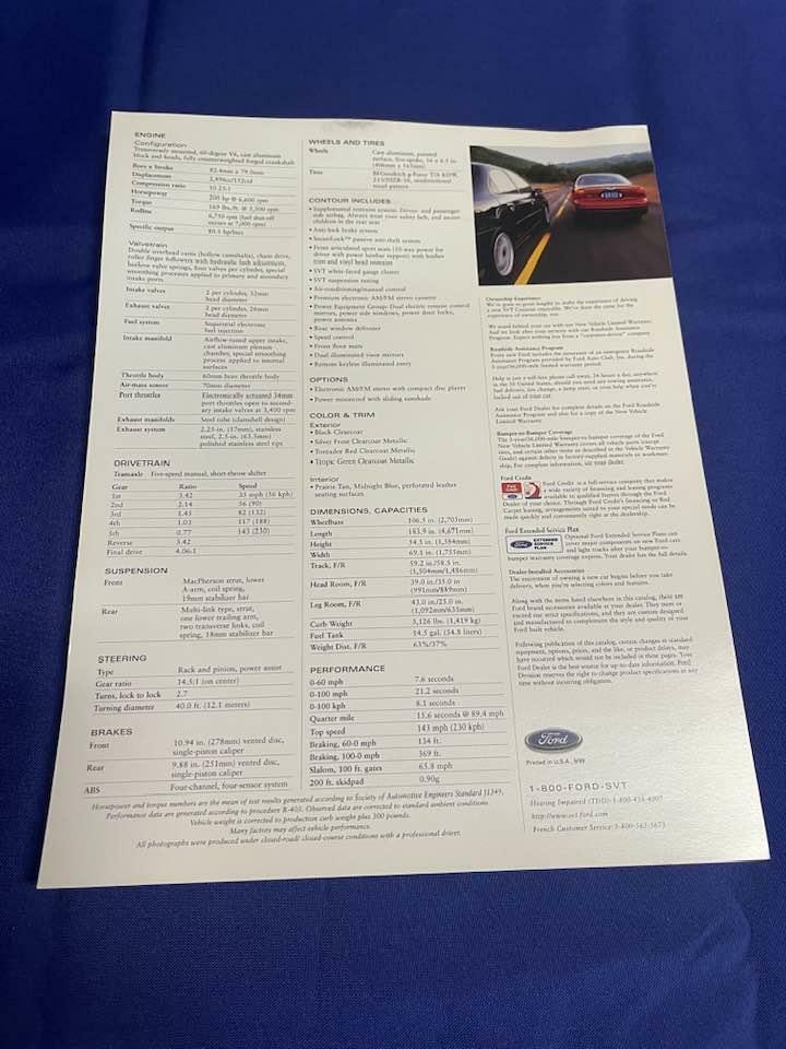 2000 SVT Contour Dealer Card